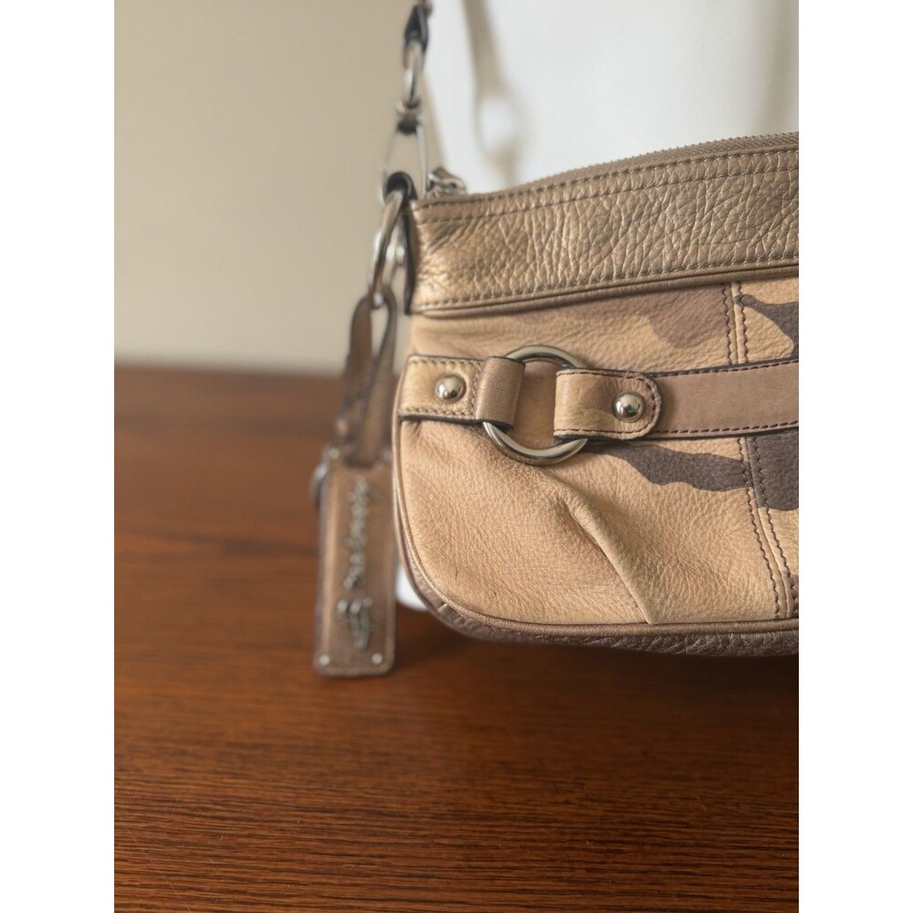 B Makowsky Gold Tan Bronze Camouflage Soft Leather Crossbody Leopard Lining Bag - Picture 8 of 16